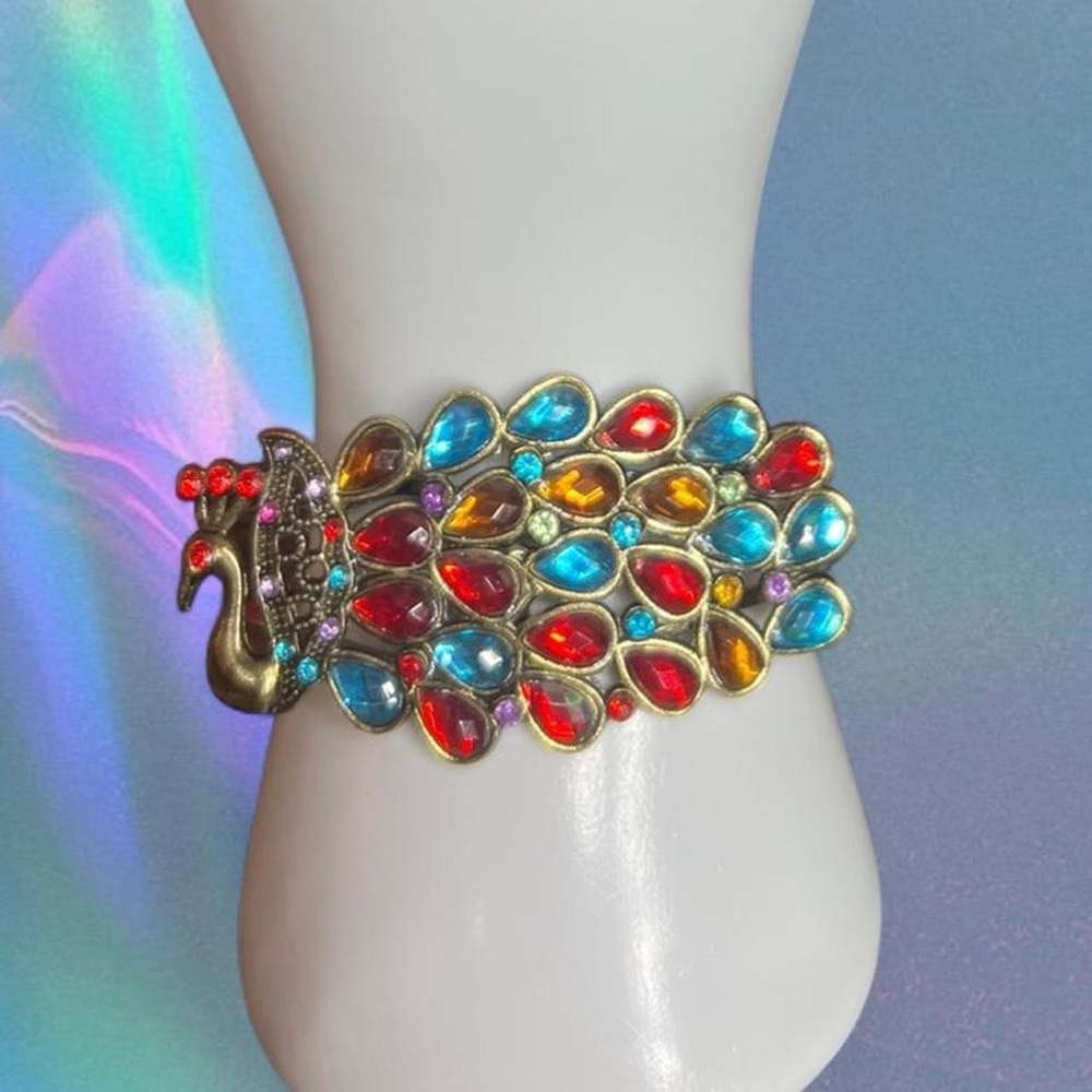 Multicoloured Peacock Rhinestone Bangle Cuff - image 1